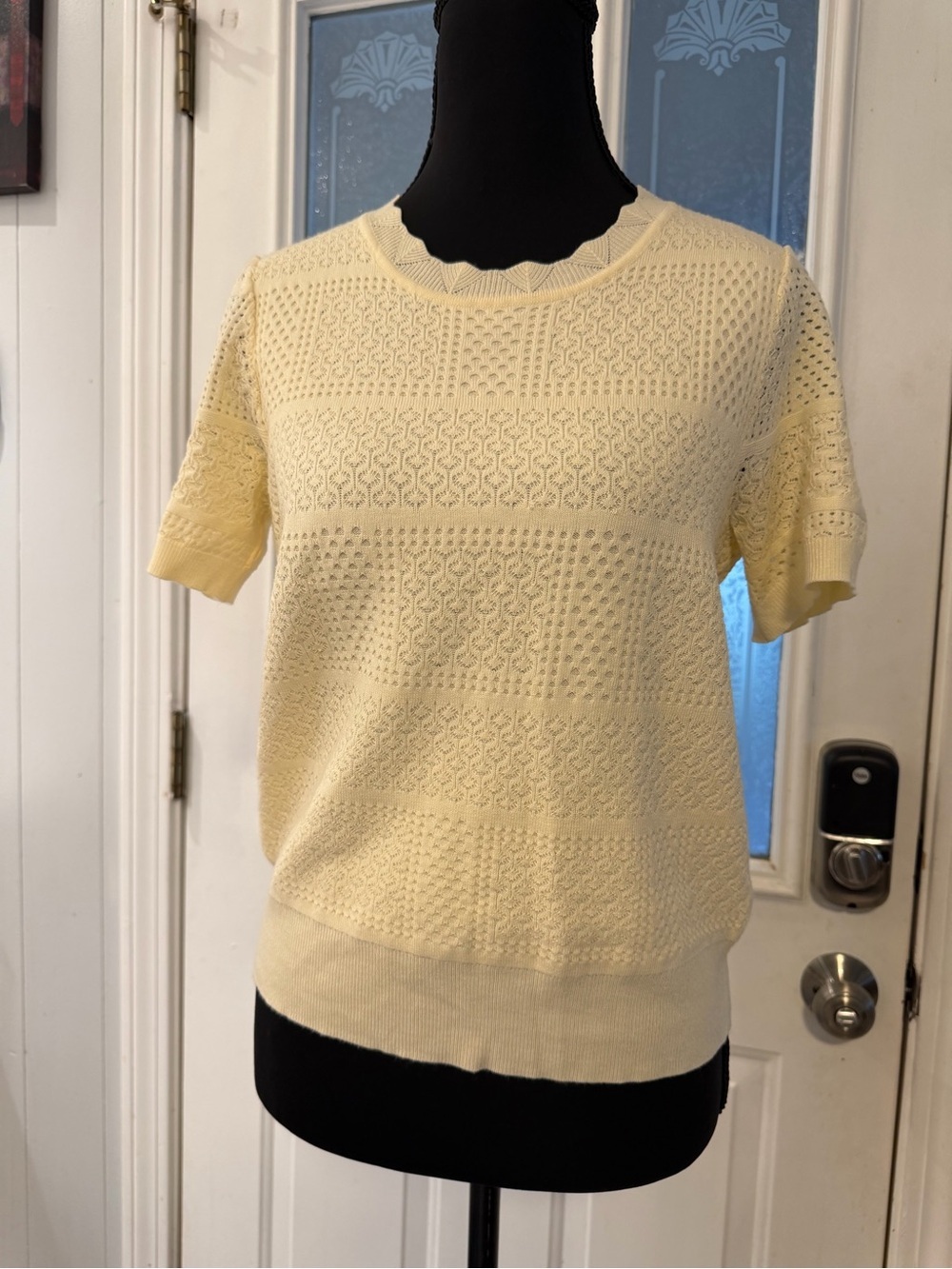 Truth by Republic Pale Yellow Pointelle Knit Short Sleeve Sweater Scallop Neck S